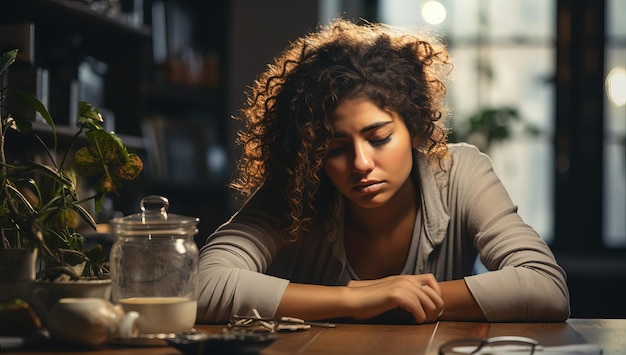 selectieve focus van een verdrietige jonge vrouw die aan tafel zit in een koffieshop