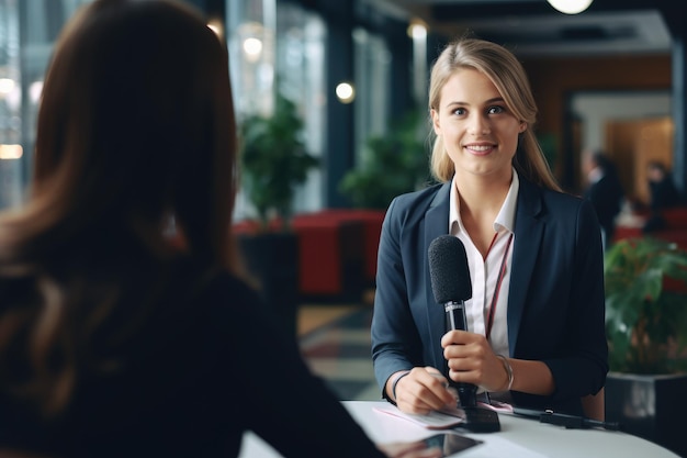 Foto selectieve focus van journalist die zakenvrouw interviewt in de vergaderzaal op kantoor zakenvrouw die interview geeft aan journalist op kantoor ai gegenereerd