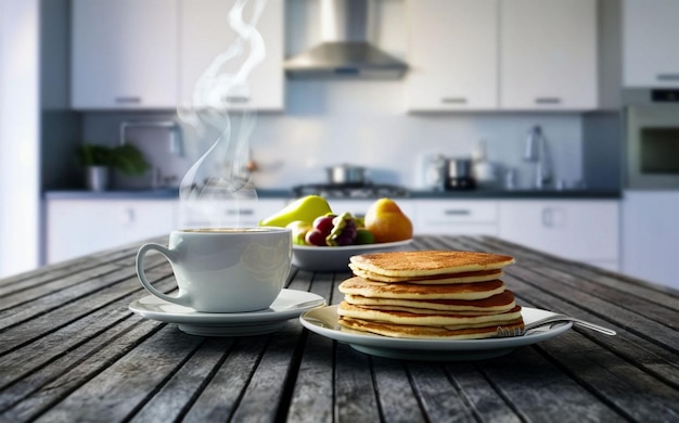 selectieve focus van ontbijt op houten tafel in de moderne keuken thuis