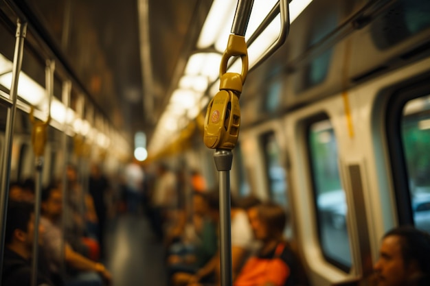 Selectieve focus Vervaagde handgrepen metro riem als voorbeeld van veiligheid in het openbaar vervoer