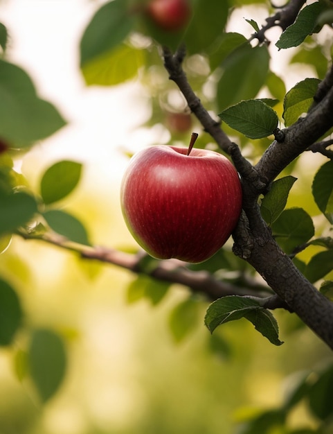 Selectieve focusopname van appel die overdag aan de tak is bevestigd