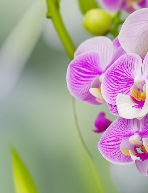 Selectieve focusopname van orchidee bevestigd aan de tak bij grafisch ontwerp overdag