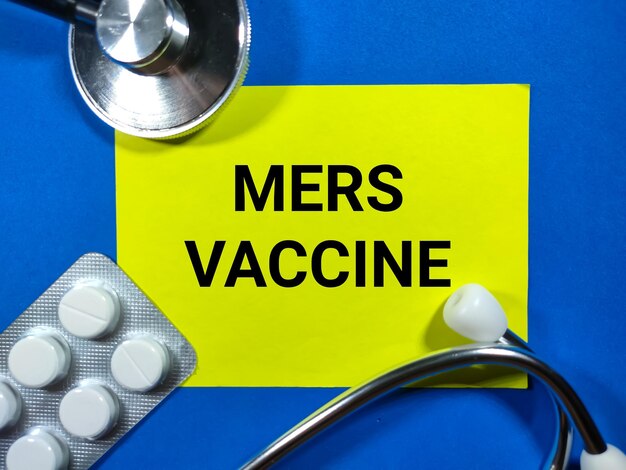 Selectieve focusWoord MERS-VACCIN op gekleurd papier met stethoscoop en medicijnen op blauwe achtergrondMedisch concept