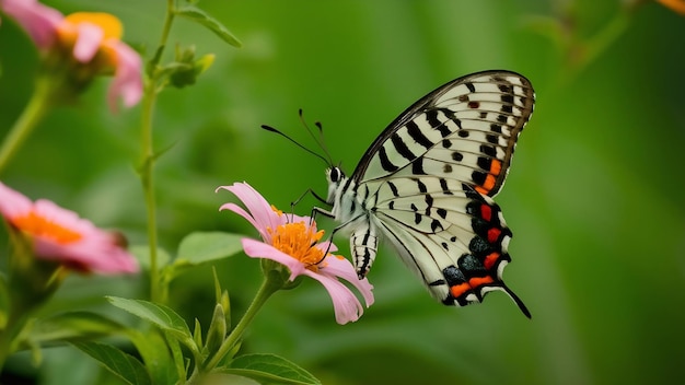 Selectieve scherpstelling van een gevlekte houten vlinder op een kleine bloem