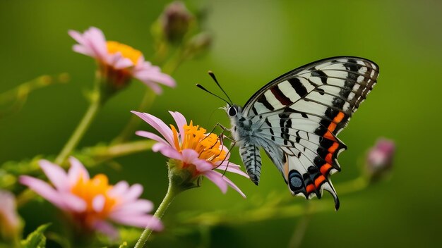 Selectieve scherpstelling van een gevlekte houten vlinder op een kleine bloem