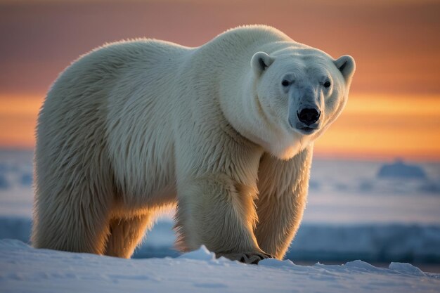 Selectieve scherpstelling van een ijsbeer bij zonsondergang in Antarctica