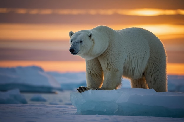 Selectieve scherpstelling van een ijsbeer bij zonsondergang in Antarctica