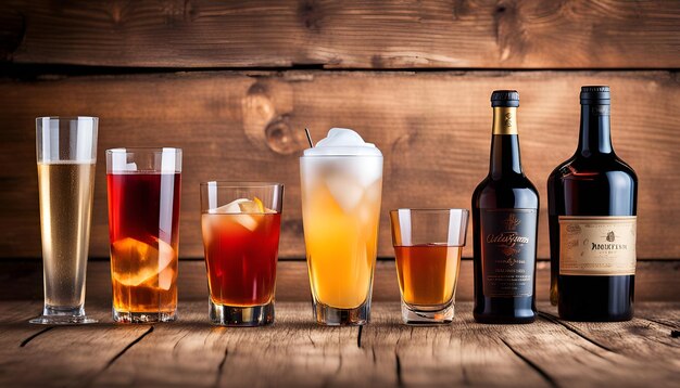 Selection of alcoholic drinks on rustic wood background