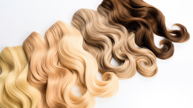 A selection of blonde hair extensions on white background