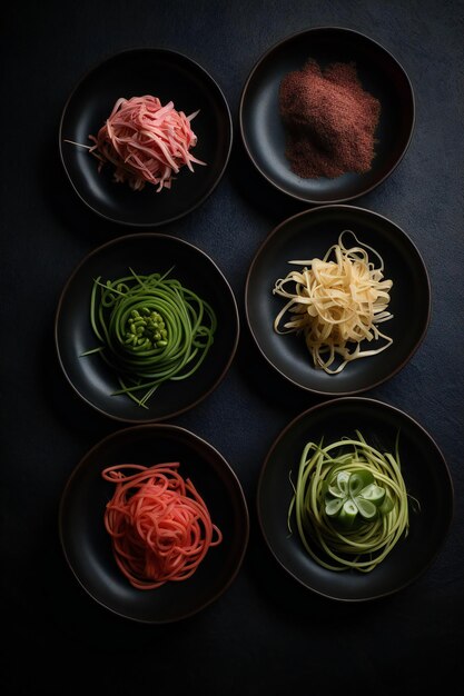 Photo a selection of bowls of different flavors including noodles, noodles, and other ingredients.