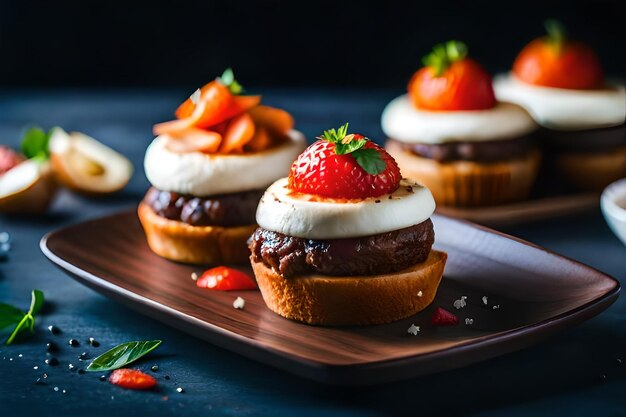 a selection of cakes including strawberries, strawberries, and cream.