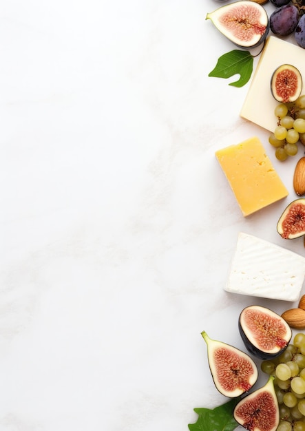 A selection of cheeses figs nuts and honey Banner on a white marble background Generative AI