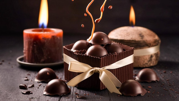 A selection of chocolate treats and candies in a box with a candle on a dark surface