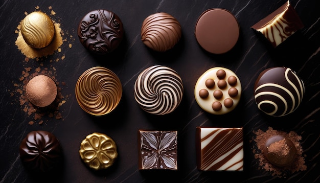 Foto una selezione di cioccolatini su sfondo nero