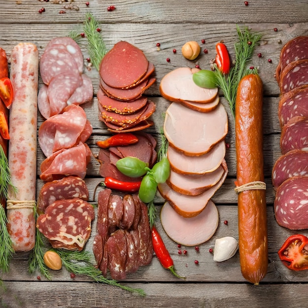 Выбор мясного ассорти, включая разнообразные обработанные мясные продукты, выставленные на деревянной доске.