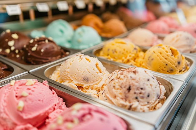 ゲラテリアのトレイに色とりどりの手作りのアイスクリーム風味の選択
