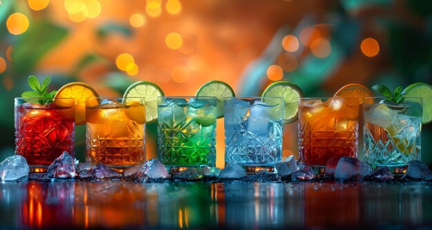 Selection of colorful festive drinks A group of glasses stacked on top of each other