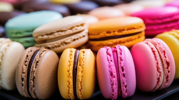 A selection of colorful macarons including pink, yellow, and purple, are displayed.