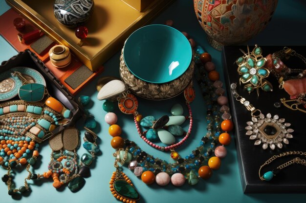Photo a selection of colorful statementmaking accessories and jewelry created with generative ai