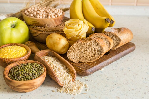 Photo selection of comptex carbohydrates sources on wood