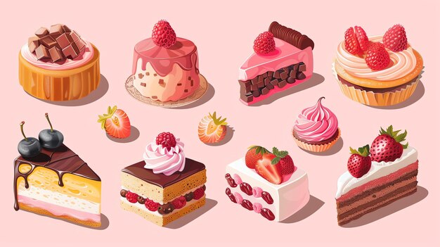 Photo a selection of deliciouslooking cakes and pastries with a pink background