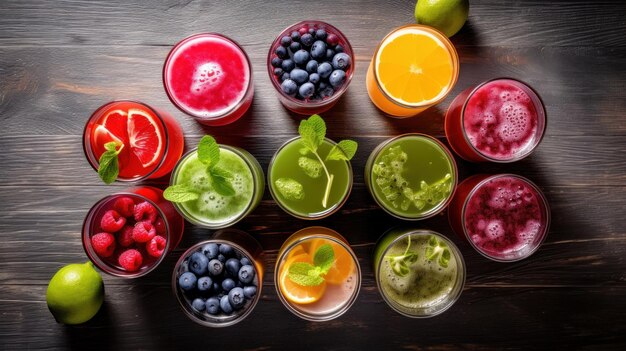 a selection of different fruits including blueberries, oranges, and mint.