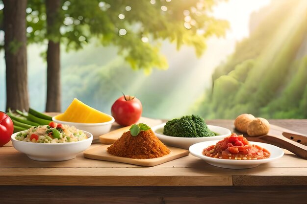 A selection of dishes of food including rice, broccoli, and tomatoes.