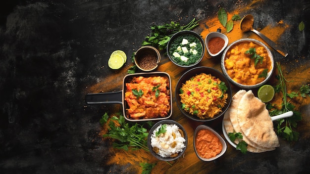 A selection of dishes including rice, vegetables, and rice are on a table.