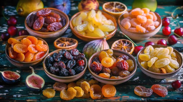 Selection of Dried Fruits and Fruit Mix on Wooden Table for Snacking