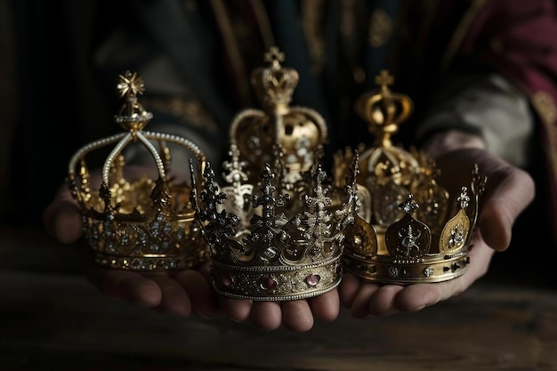 Selection of eight gold crowns in hand