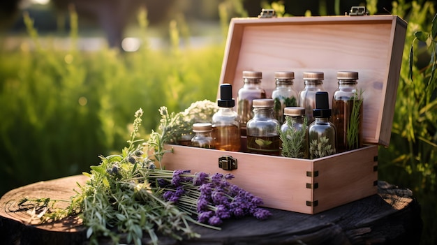 Selection of essential oils with herbs and flowers in the background