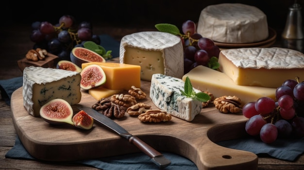 Selection of fine cheeses on a wooden board AI generated