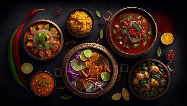 A selection of food including a bowl of curry and a bowl of vegetables