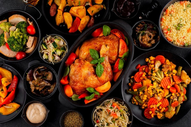 A selection of food including a chicken vegetables and other foods