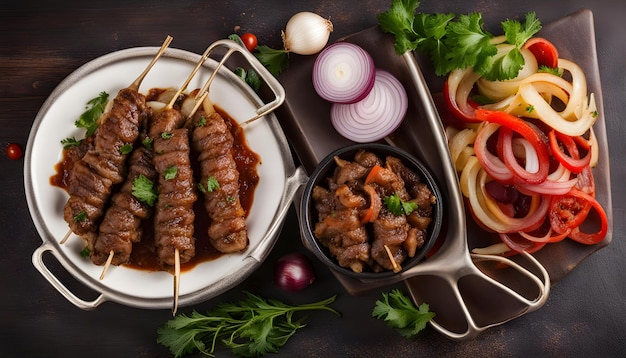 a selection of food including meat vegetables and vegetables