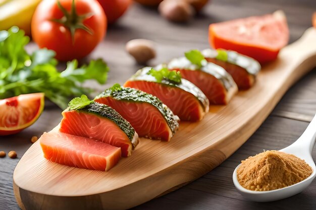 A selection of food including salmon, parsley, and parsley.