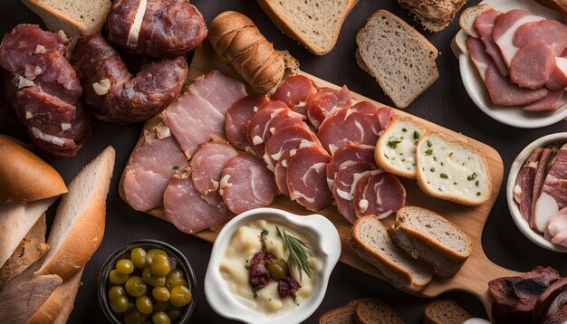 a selection of food including a variety of meats cheese and olives