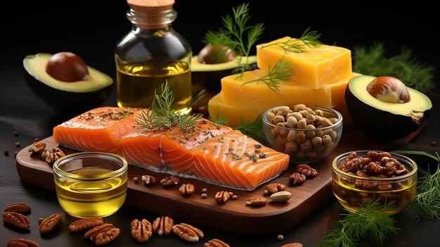 Selection food sources of omega 3 and unsaturated fats on wooden background