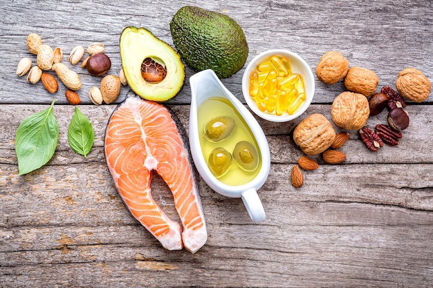 Photo selection food sources of omega 3 and unsaturated fats.