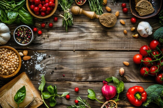 Selection of food that is good for the heart rustic wood background