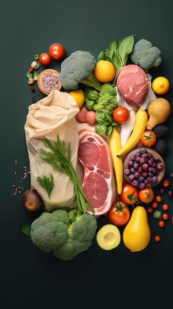 A selection of foods including meat, vegetables, and fruit.