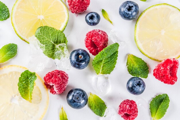 selection of fresh fruit and berries top view