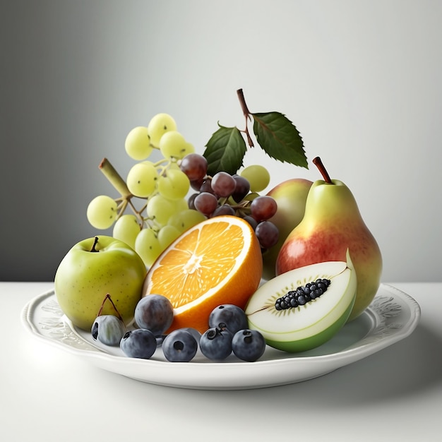 A selection of fresh fruit on a white plate with a neutral background