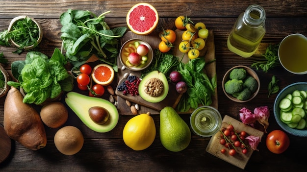 a selection of fresh fruits and vegetables including avocado, avocado, tomatoes, and avocado.