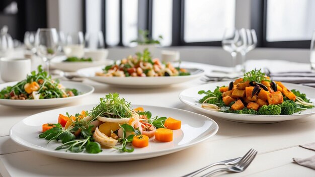 a selection of freshly prepared vegetarian dishes on a clean white wooden table in a chic restauran