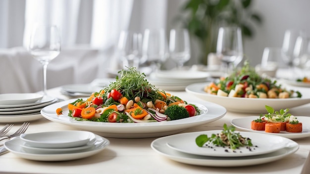 a selection of freshly prepared vegetarian dishes on a clean white wooden table in a chic restauran