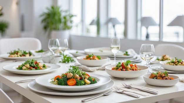 a selection of freshly prepared vegetarian dishes on a clean white wooden table in a chic restauran