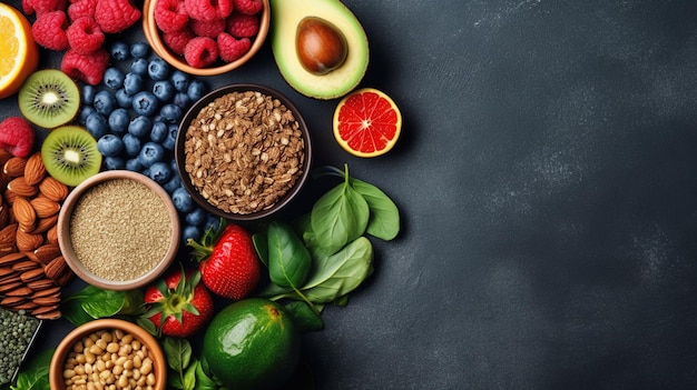 A selection of fruits including avocado, avocado, and strawberries.