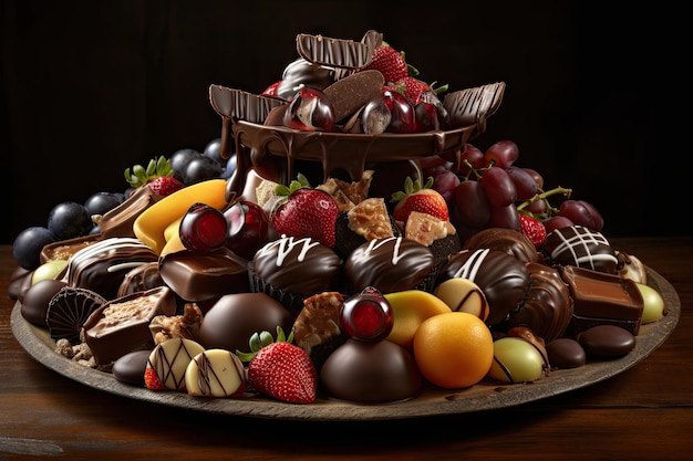 Selection of fruits and nuts dipped in chocolate piled high on platter created with generative ai