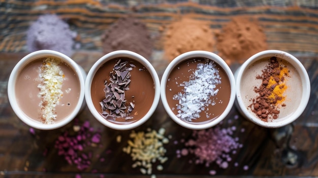 Photo a selection of gourmet hot chocolate blends featuring unique flavors like lavender chili pepper and